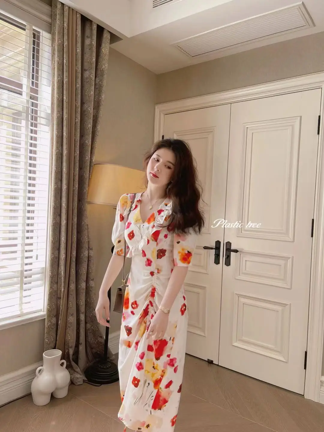 

Summer Puff Sleeve Floral Print Party Beach Midi Dress Ruffle Women Slim Elegant Casual Vestido