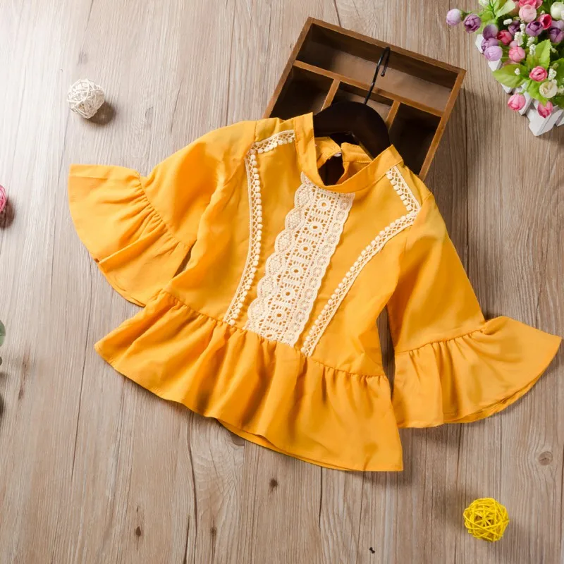 

Autumn Baby Kids Girl Dress T-Shirts Long Sleeve Cotton Cute Yellow Color Lace Comfortable Clothes