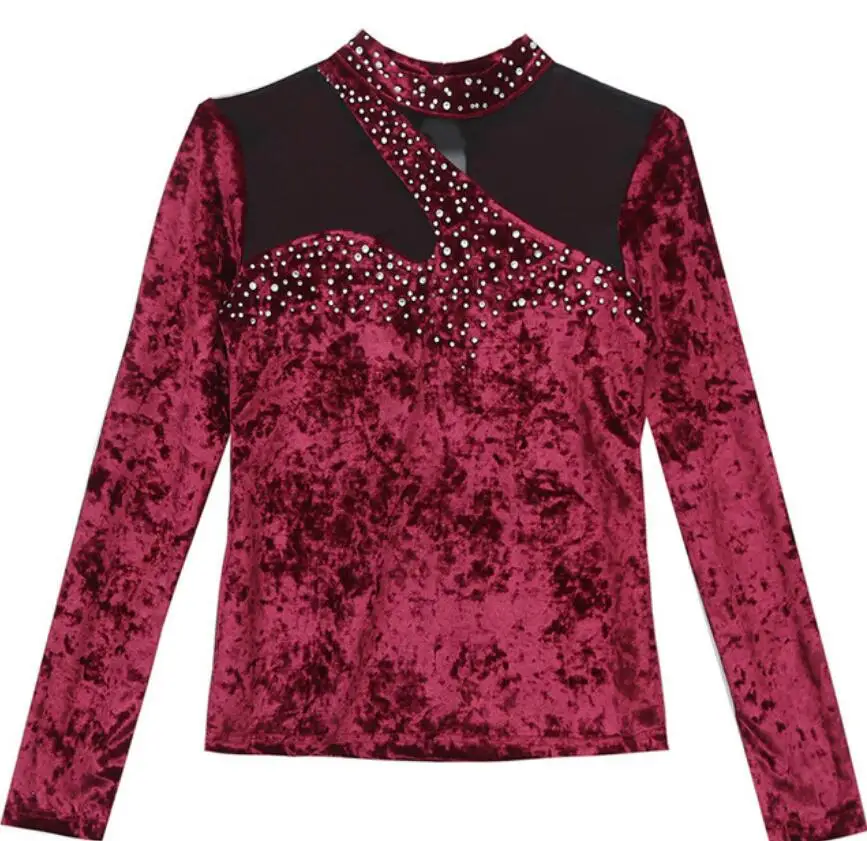 

Autumn Winter female Rhinestone Sexy Net yarn perspective Stitching shirt women's diamond Slim Bottoming shirt Top s599