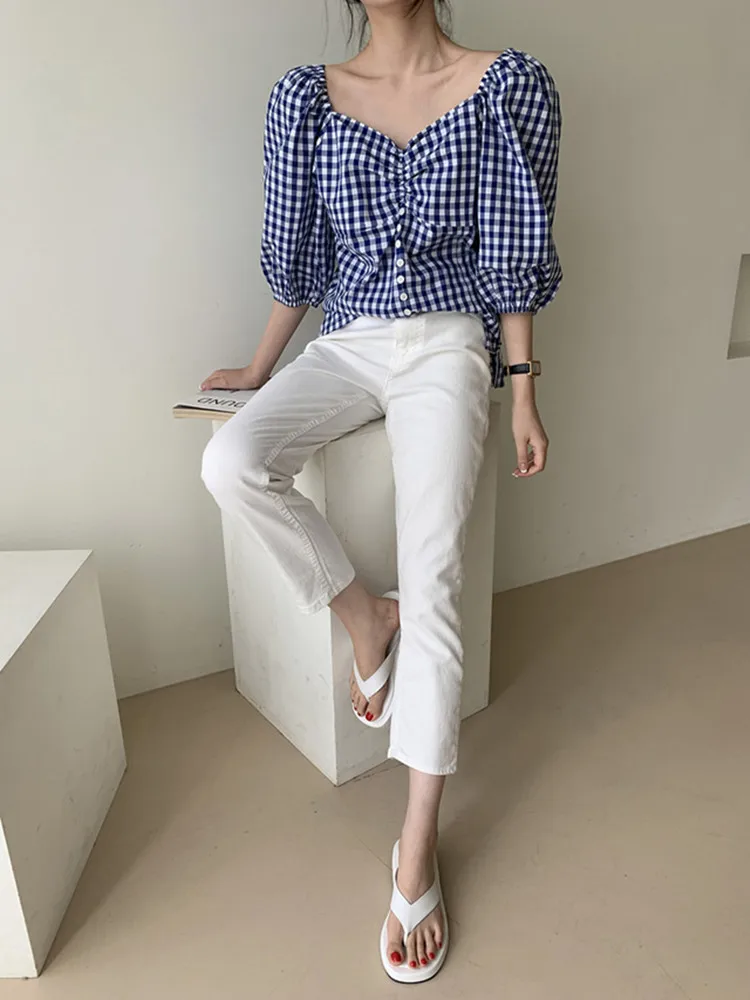 

Chic retro deep V-neck buttons design loose puff sleeve plaid blouse ruched blouses shirt women tunic blouses woman 2020