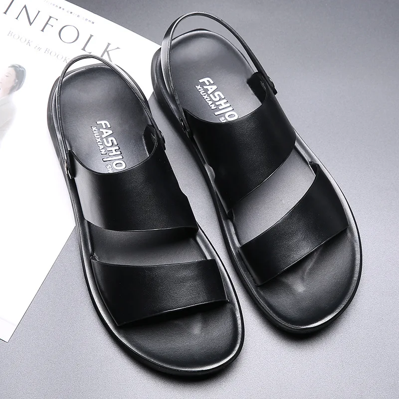 

Summer Men Sandals Genuine Leather Shoes Men Beach Sandals Flat Cow Leather Male Black Flip Flops
