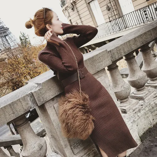 DarkBrown Корейское модное женское платье-свитер, элегантное женское вязаное облегающее платье размера плюс, женский свитер с высокой талией, платья с разрезом платья женские вязаное платье трикотажное платье платье зимнее - Цвет: DarkBrown
