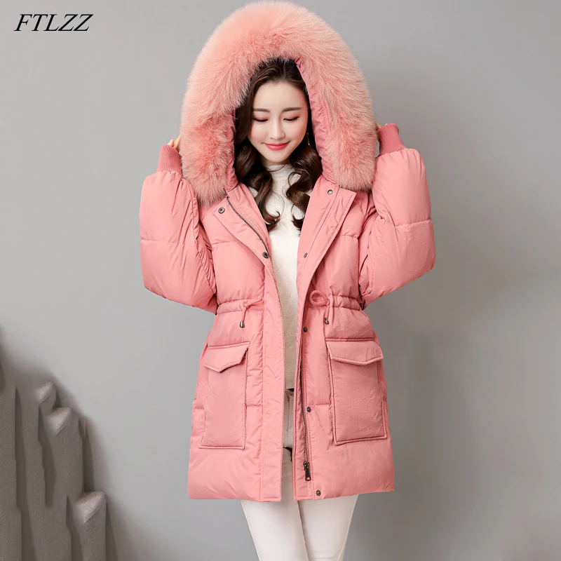 

FTLZZ Winter Women Large Real Fur Collar Hooded Black Down Parka 90% White Duck Down Coat Streetwear Thick Warm Snow Outwear