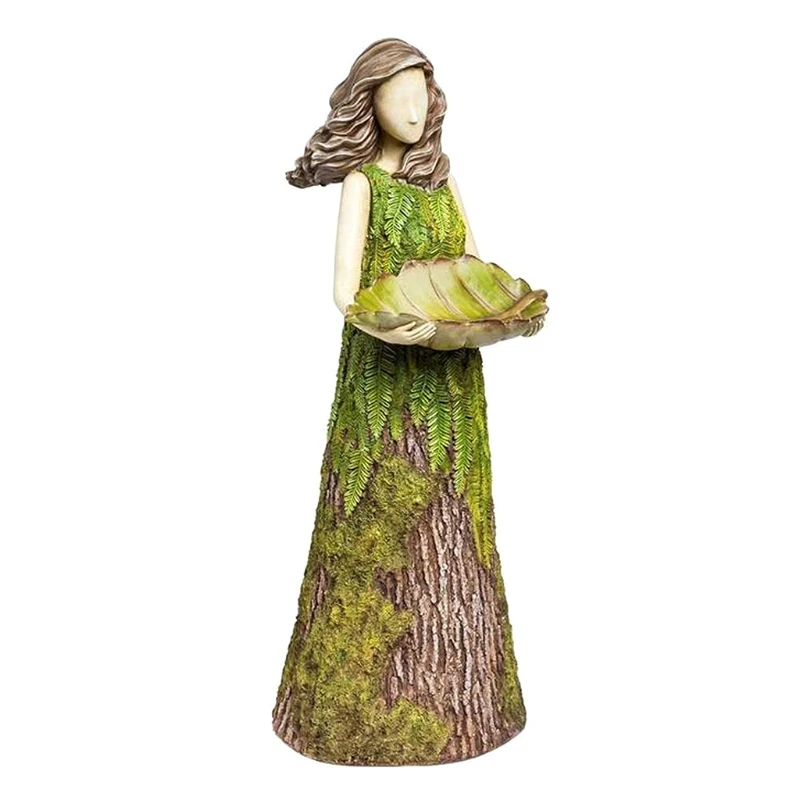

Elegant Leaves Girl Statue Bird Feeder Resin Ornament Outdoor Garden Statue