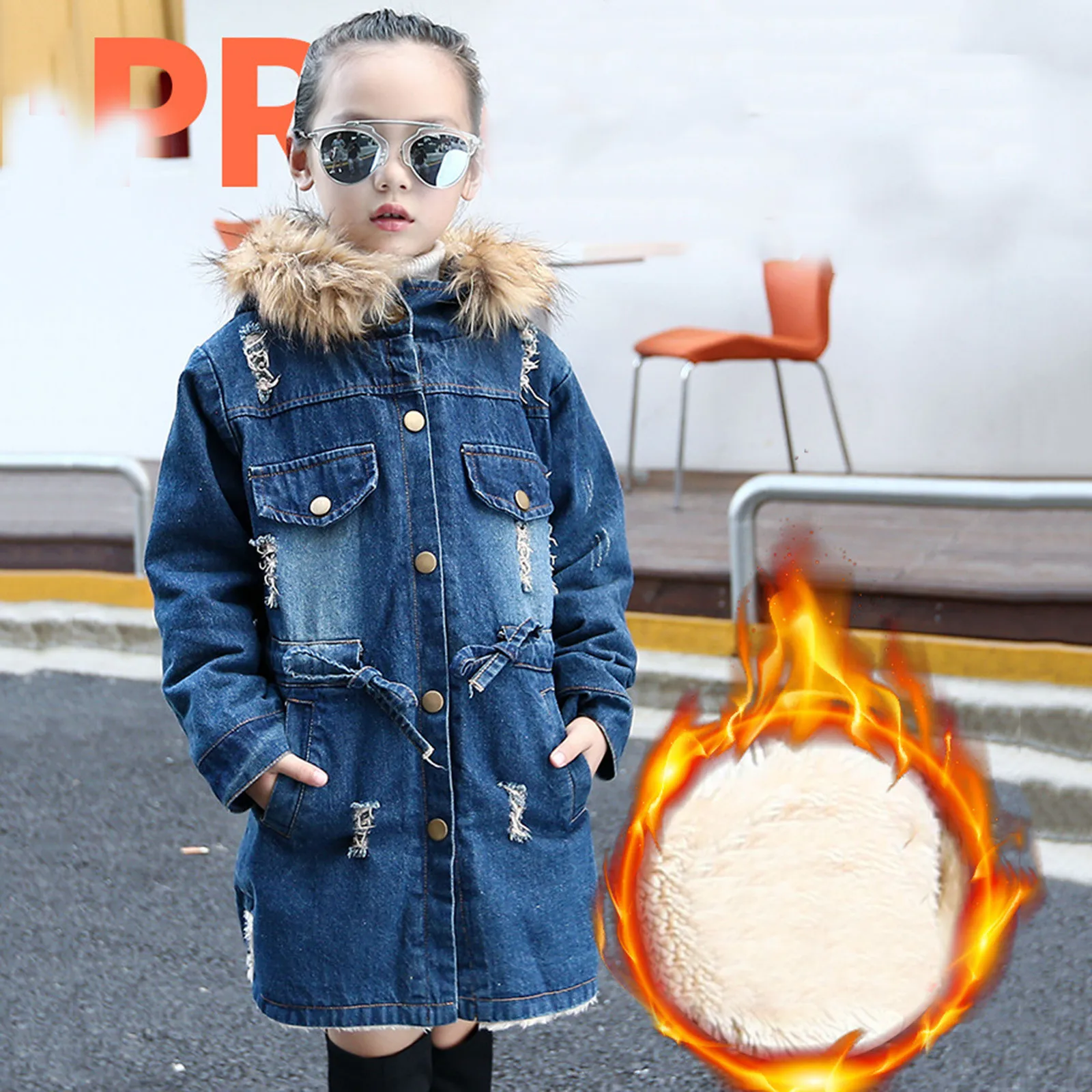 

Toddler Coat Kids Baby Girls Fashion Winter Warm Hooded Collar Girdle Denim Pocket Jacket Button Outwear Children's Clothing