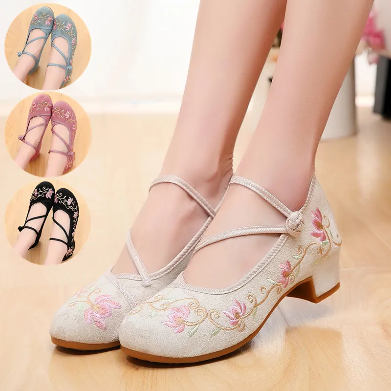 Новые женские туфли лодочки в китайском стиле ретро на среднем каблуке с