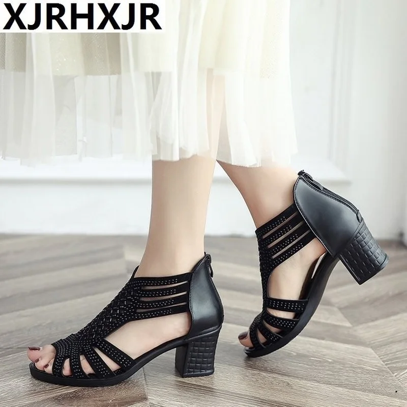 Сандалии XJRHXJR женские на квадратном каблуке Босоножки с открытым носком молнии