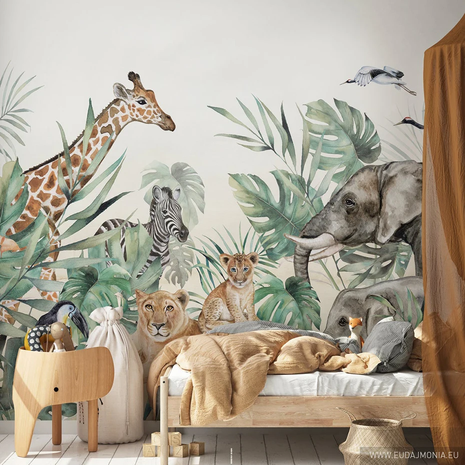 Custom Size Tropical Safria Animals Lion Elephant 3D Wallpaper Wall Paper Mural Watercolor Stickers for Children Room Home Decor