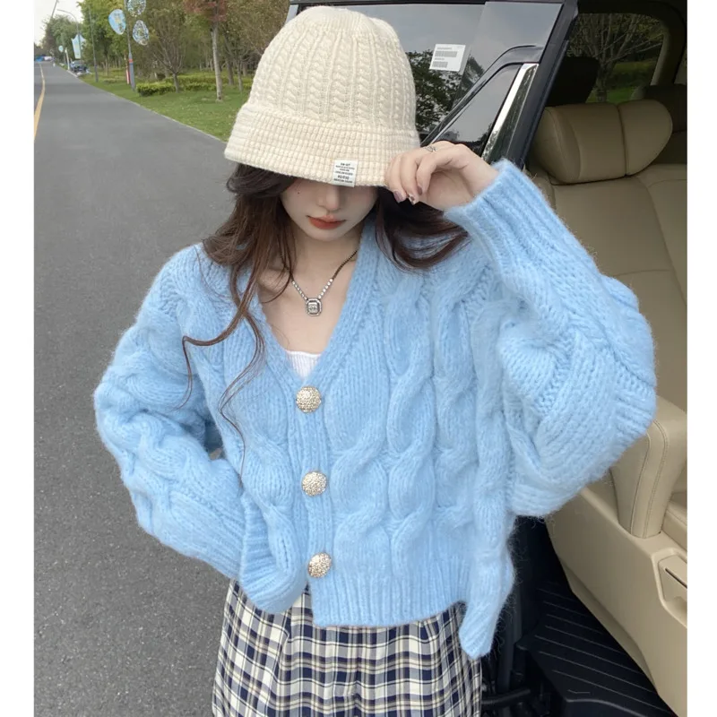 

Autumn Winter Sweater Women Casual Woven Twist V-neck Thickened Candy Color White Sweet Internet Celebrity Knitted Cardigan Coat