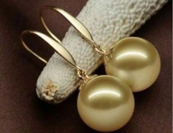 

Round natural AAA 16mm Australian south sea golden shell pearl earrings 14K gold