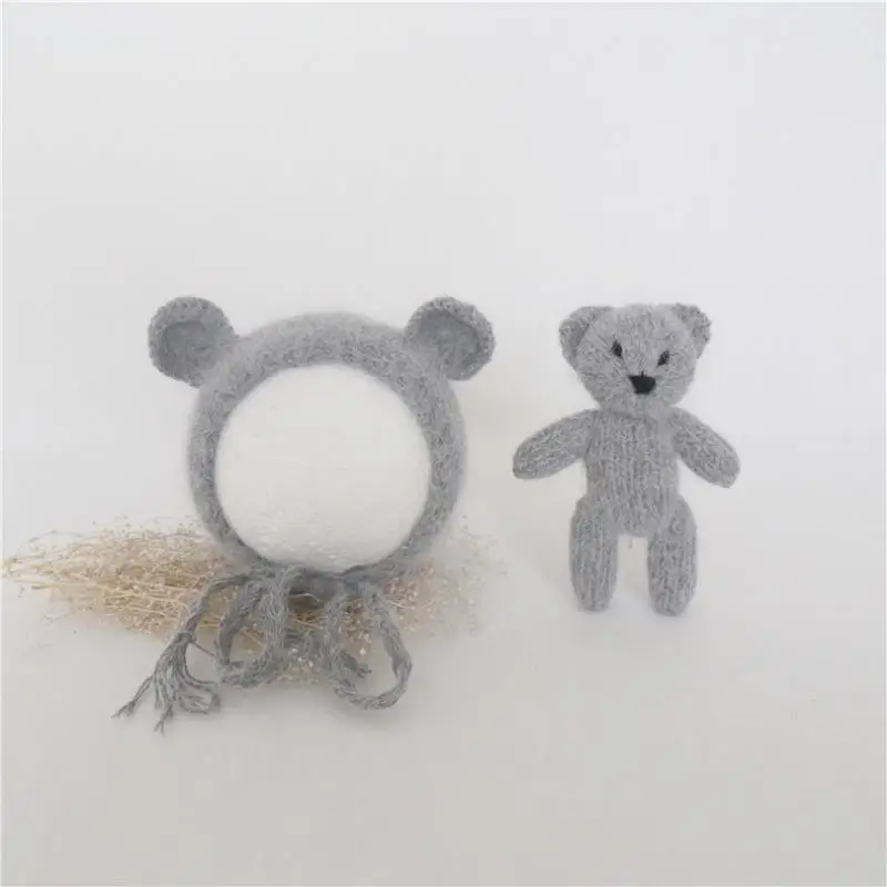 hat and toy Ангорская шапочка для новорожденных, вязаная шапка с мишкой Тедди, набор одинаковых игрушек, реквизит для фотосессии, классический пушистый капот с животным, наполнитель, игрушка - Цвет: hat and toy