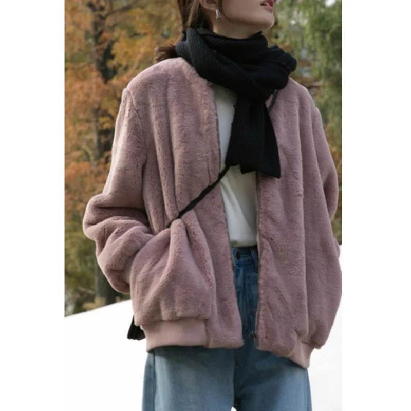 

Baseball Coats Women 2020 Autumn Winter Fashion Pink Faux Fur Coat Elegant Thick Warm Outerwear Fake Fur Jacket Chaquetas Mujer