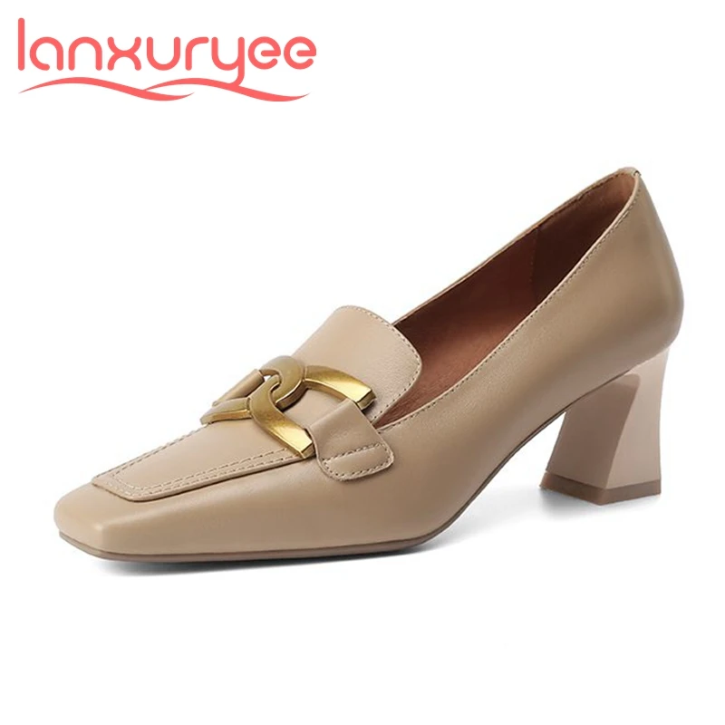 

Lanxuryee spring vintage shoes thick high heels metal decorations full grain leather square toe big size 40 handmade pumps l19