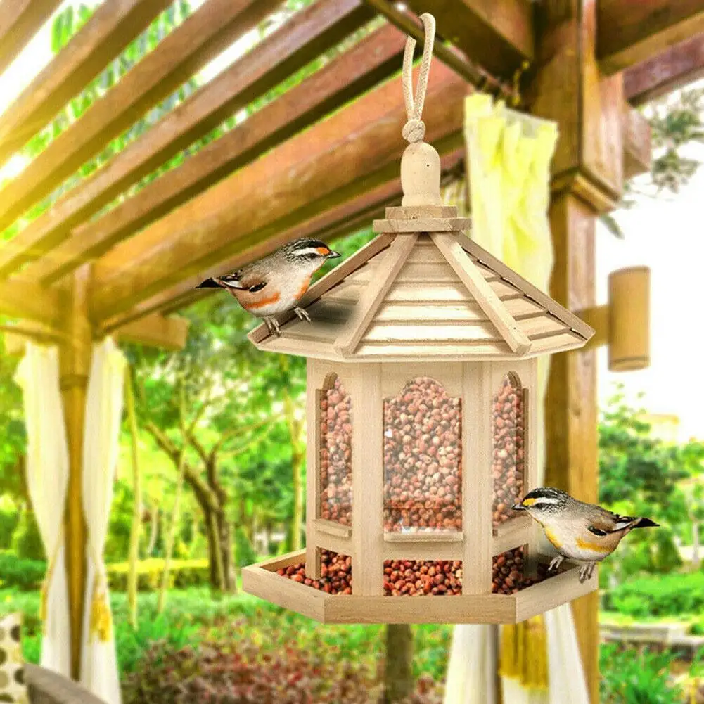 

Wooden Bird Feeder for Garden Yard Decoration with Roof Shaped Hexagon Pet Bird Feeder