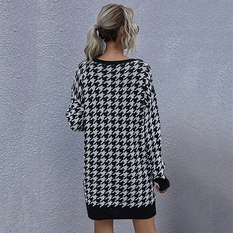 

Houndstooth Jumper Sweater Women Autumn Winter Casual Knitted Pullovers Long Sweater Tops For Women 2021 New Fashion