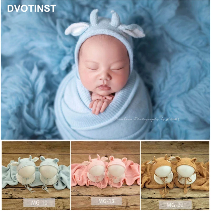 Dvotinst Newborn Baby Photography Props Soft Knitted Wraps 2021 Cute Cow Hats Bonnet 3pcs Set Studio Shooting Photo Props