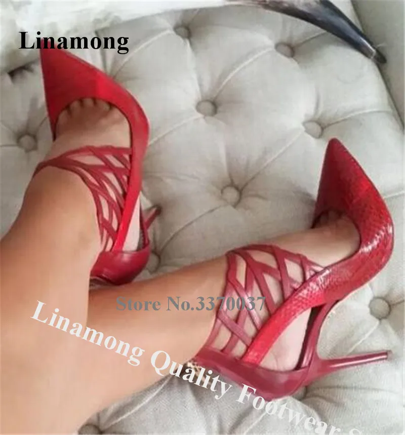 Linamong Elegante Mode Spitz Stiletto Ferse Schlange Leder Pumpen Ankle Wrap Zurück Zipper-up High Heels Formale Kleid schuhe