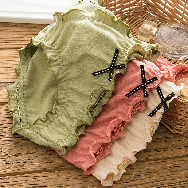 Нижнее белье женское Плиссированное с бантом хлопковые Однотонные трусы