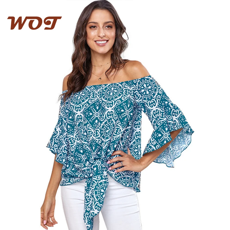 

2021 Summer New Loose Chiffon Shirt Feminine One Shoulder Print Knotted Pullover Top