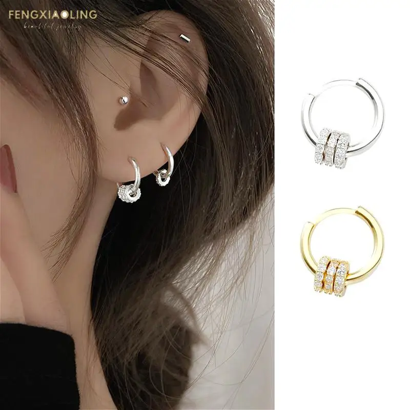 

Fengxiaoling 2021 New 925 Sterling Silver Mini Zircon Round Hoop Earrings Women Simple Fashion Wedding Fine Jewelry Accessories