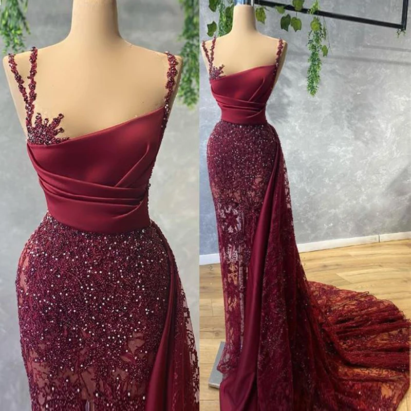 

Elegant Burgundy Lace Mermaid Eveing Gowns Sequined Appliques See Through Sweep Train Prom Dresses Saudi Arabia Party Dress 2022
