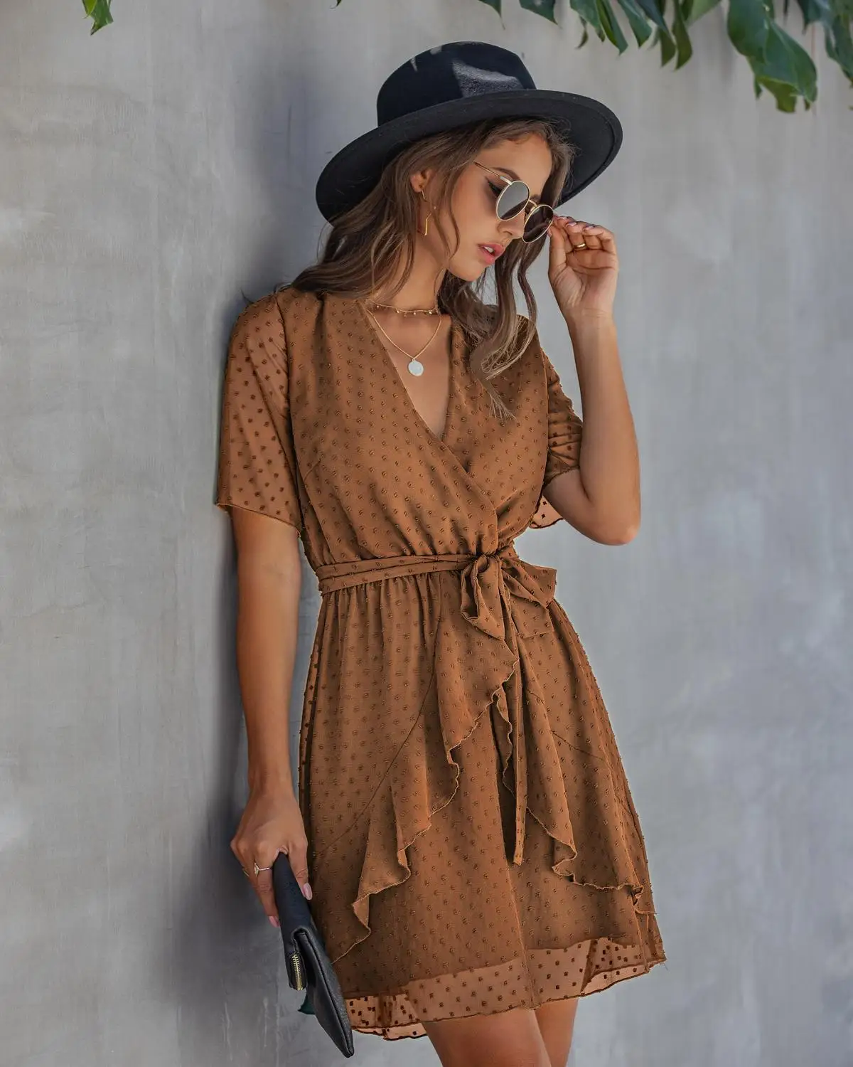 

ZITY Fashion Dot V -Neck Sashes Ruffles Mini Dress Summer Women Casual Slim Elastic Waist Elegant Short Sleeve Holiday Chic Vest