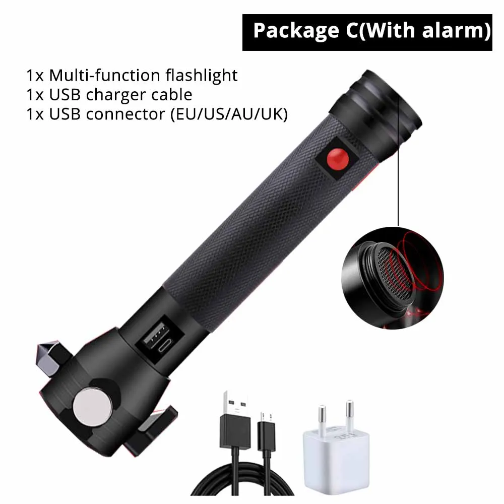 With alarm C USB Перезаряжаемый со светодиодным фонариком на солнечной батарее многофункциональный аварийный фонарик молоток безопасности мобильный компас питания для активного отдыха - Испускаемый цвет: With alarm C