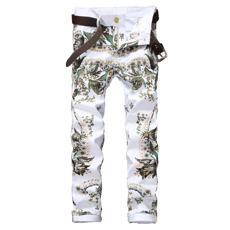 

Мужские джинсы с цветочным принтом, белые облегающие эластичные джинсовые брюки с 3D принтом, размер 38, весна 2021