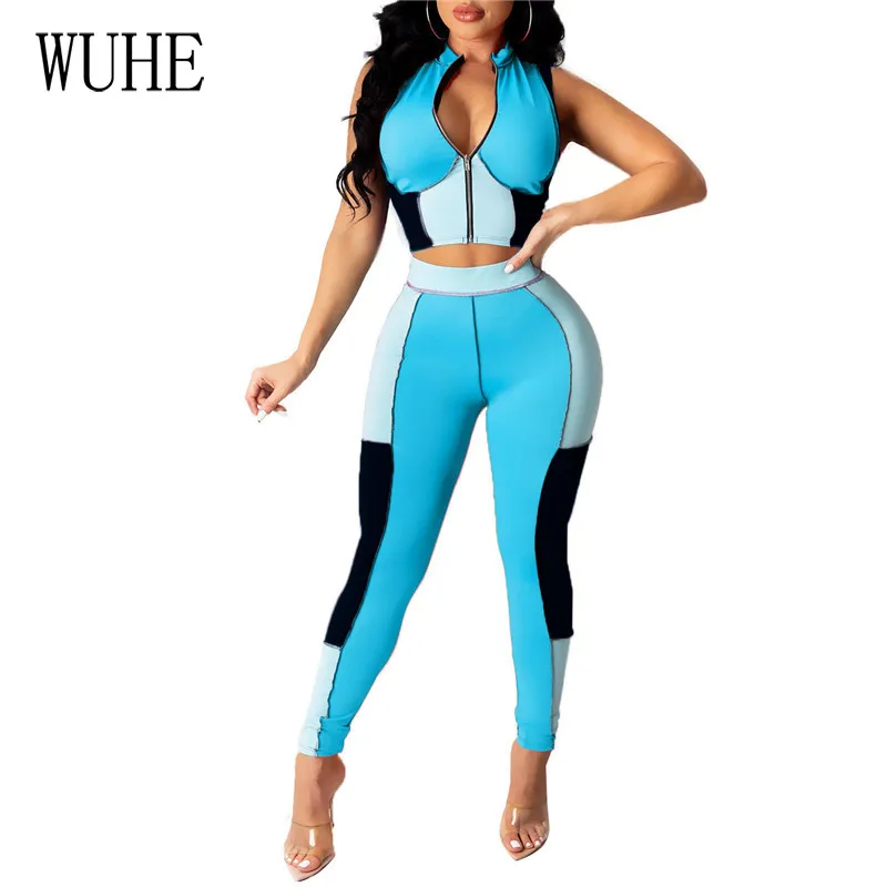 

YEYA Sexy Two Piece Set Color Contrast Patchwork Zipper Up Sleeveless O Neck Crop Top and Pencil Pants Skinny Casual Streetwear