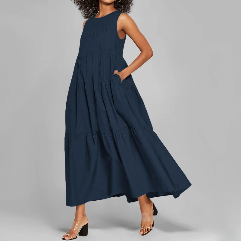 

Chic Casual Big Hem Womens Dress Summer Lady Loose Elegant O Neck Long Dress 2021 New Solid Sexy Sleeveless Plus Size Tank Dress
