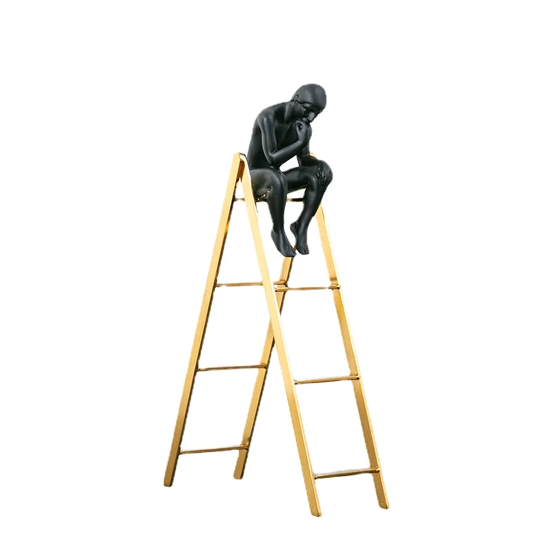 

Creative Golden Ladder Crafts Resin Black Thinker Sculpture Art Abstract Character Statue Statuette TV Cabinet Living Room Decor