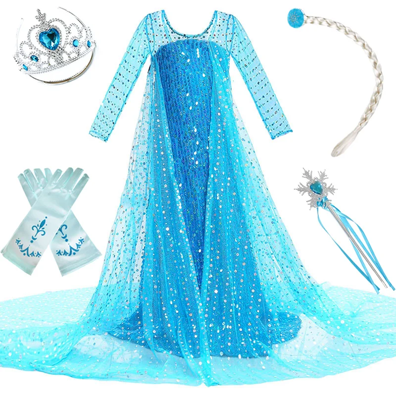 Dress and S01 Платье принцессы Эльзы и Эльзы для девочек; детское длинное платье с блестками и накидкой; детское платье Снежной Королевы на Рождество, день рождения, вечеринку; платье для костюмированной вечеринки - Цвет: Dress and S01