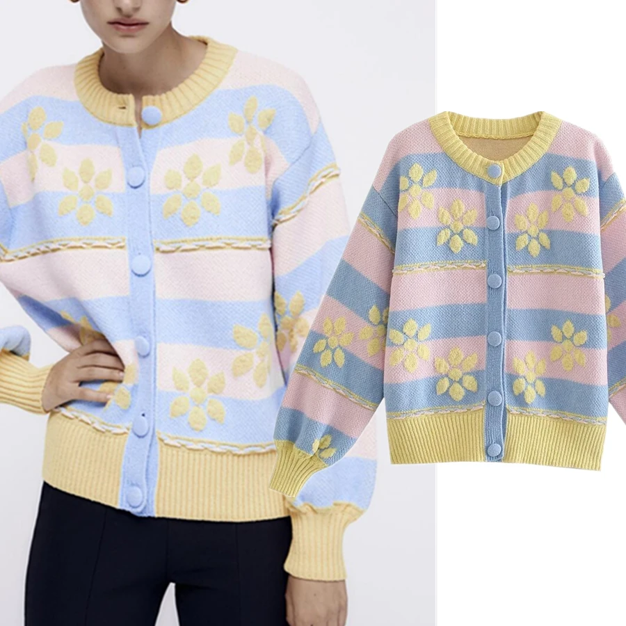 

Женский жаккардовый свитер с цветочным принтом, с круглым вырезом