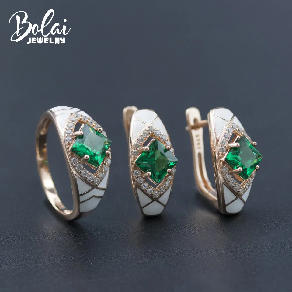 

Bolai Russian Nano Emerald Jewelry Sets 925 Sterling Silver Created Green Gemstone Enamel Dangle Earrings Ring for Women's Gift