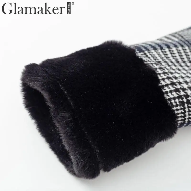 Glamaker клетчатое пальто из искусственного меха, меховая куртка, женская сексуальная черная Лоскутная теплая плотная верхняя одежда, осенняя короткая куртка из искусственного меха, зимнее пальто