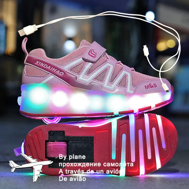 

28-40 Pink Black USB Charging Fashion Girls Boys LED Light Roller Skate Shoes For Children Kids Sneakers With Wheels One wheels