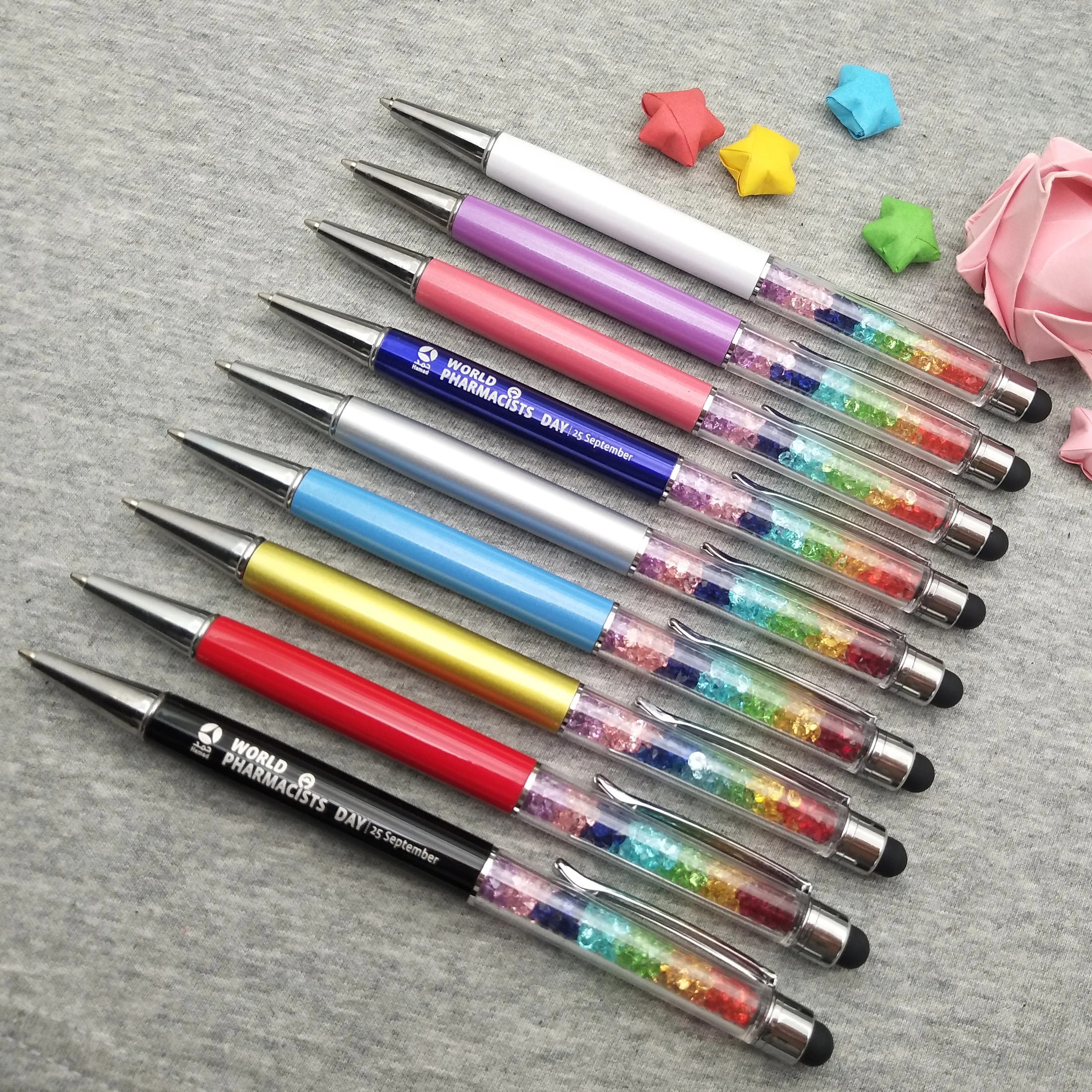 NEW rainbow crystal stylus pencils custom imprinted with your logo/text/weburl/email by laser 100pcs a lot
