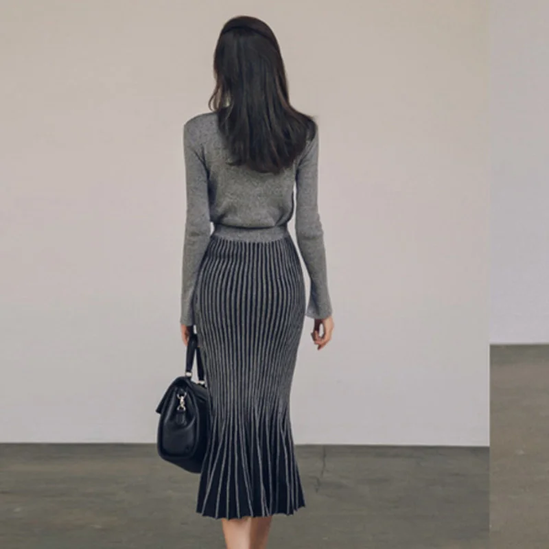 Новинка Осень-Зима вязаная юбка рыбий хвост в Корейском стиле комплект из двух