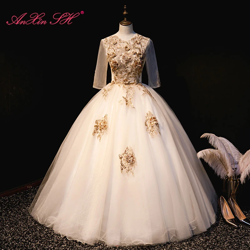 

AnXin SH принцесса золотой цветок шампанское кружево вечернее платье винтажное вечевечерние НКА Иллюзия полурукав бальное платье невесты вечернее платье