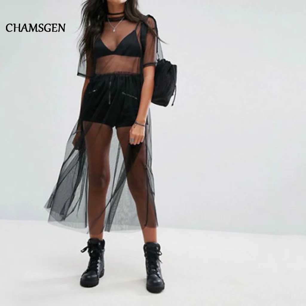 Женское Сетчатое Прозрачное платье CHAMSGEND черное с рукавом до локтя кружевное