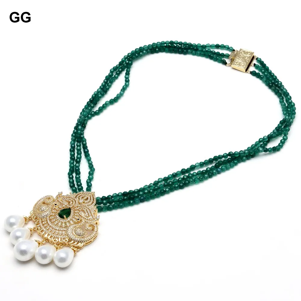 

GG Jewelry 19" 3 Rows 4mm Faceted Round Green Agates Necklace Gold Color Plated CZ Pave Swan White Sea Shell Pearl Pendant