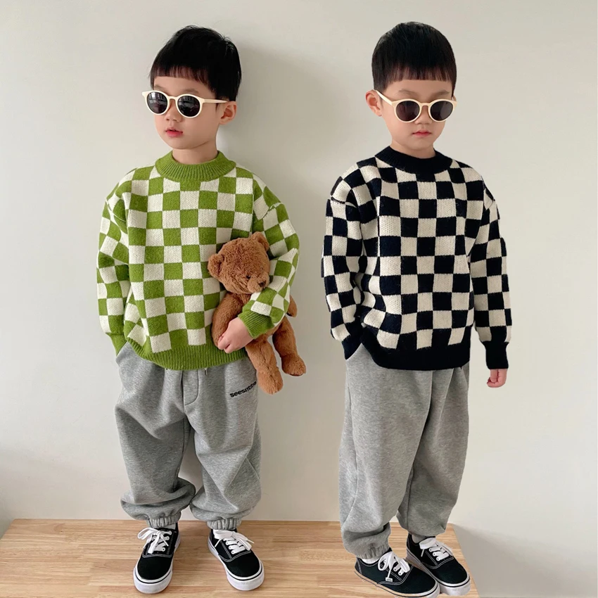 

2022Spring Autumn New Kids Clothes Long Sleeve 2color Boys Sweaters Casual Tops Grid Line Style Boys Pullover Sweaters for 3-12y