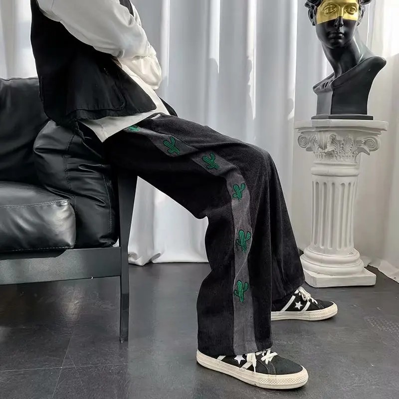 

2021 Men's Elastic Straight Embroidery Corduroy Pink Casual Pants Men's Loose Harajuku Korean Style Fashion Ins Pockets Pants