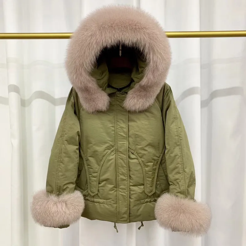 Army Green Пуховик женский пальто hатуральный мех, белый пуховик на утином пуху, Женский Большой натуральный Лисий меховой воротник, пуховое пальто, зимние толстые теплые короткие пальто с капюшоном, Свободное пальто - Цвет: Army Green