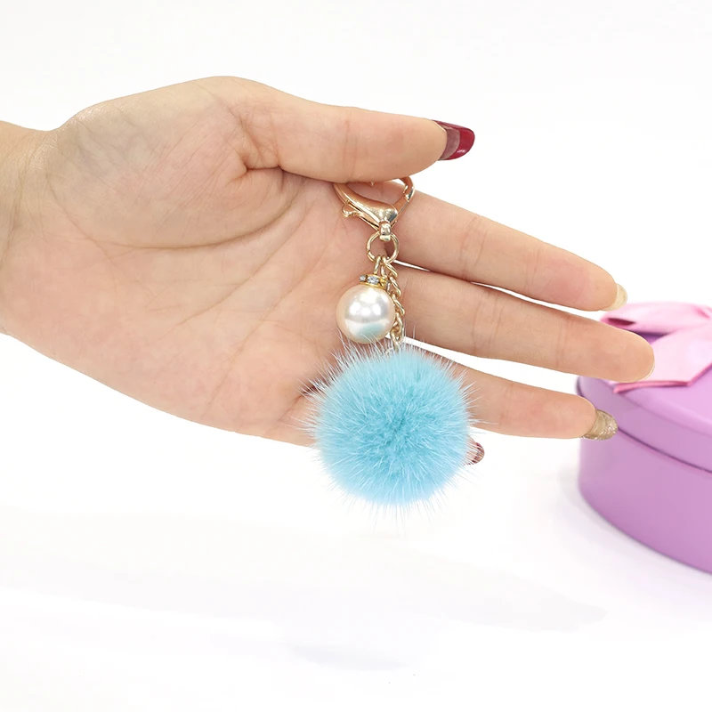 

Keychain Pearl Charm Women Mini Cute Bag Pendant Phone Jewelry-Accessories Real Mink Fur Ball Trinket