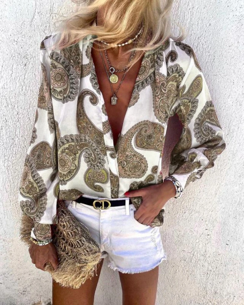 

Autumn Women Vintage Floral Print Blouse Shirts New Elegant Deep V-Neck Tops Office Lady Casual Loose Top Blouse