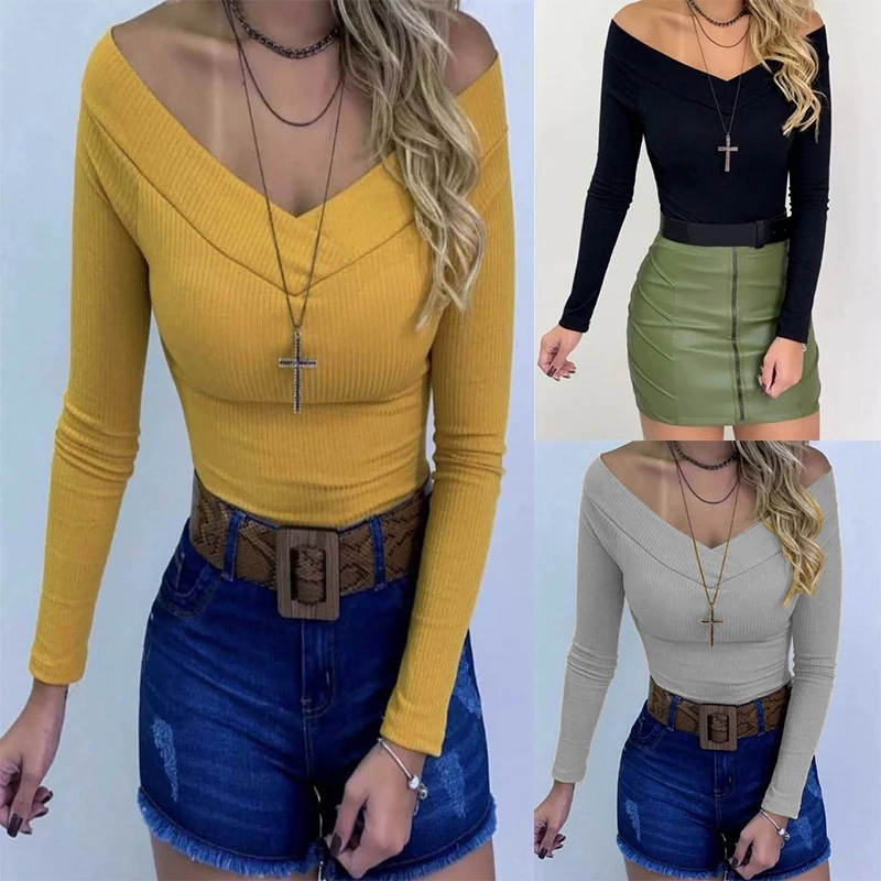 

Осень-зима 2021, женская футболка в европейском и американском стиле с V-образным вырезом и длинным рукавом, однотонный сексуальный облегающи...