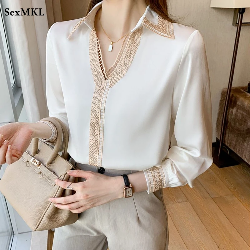 Женская шифоновая блузка с V-образным вырезом и длинным рукавом |