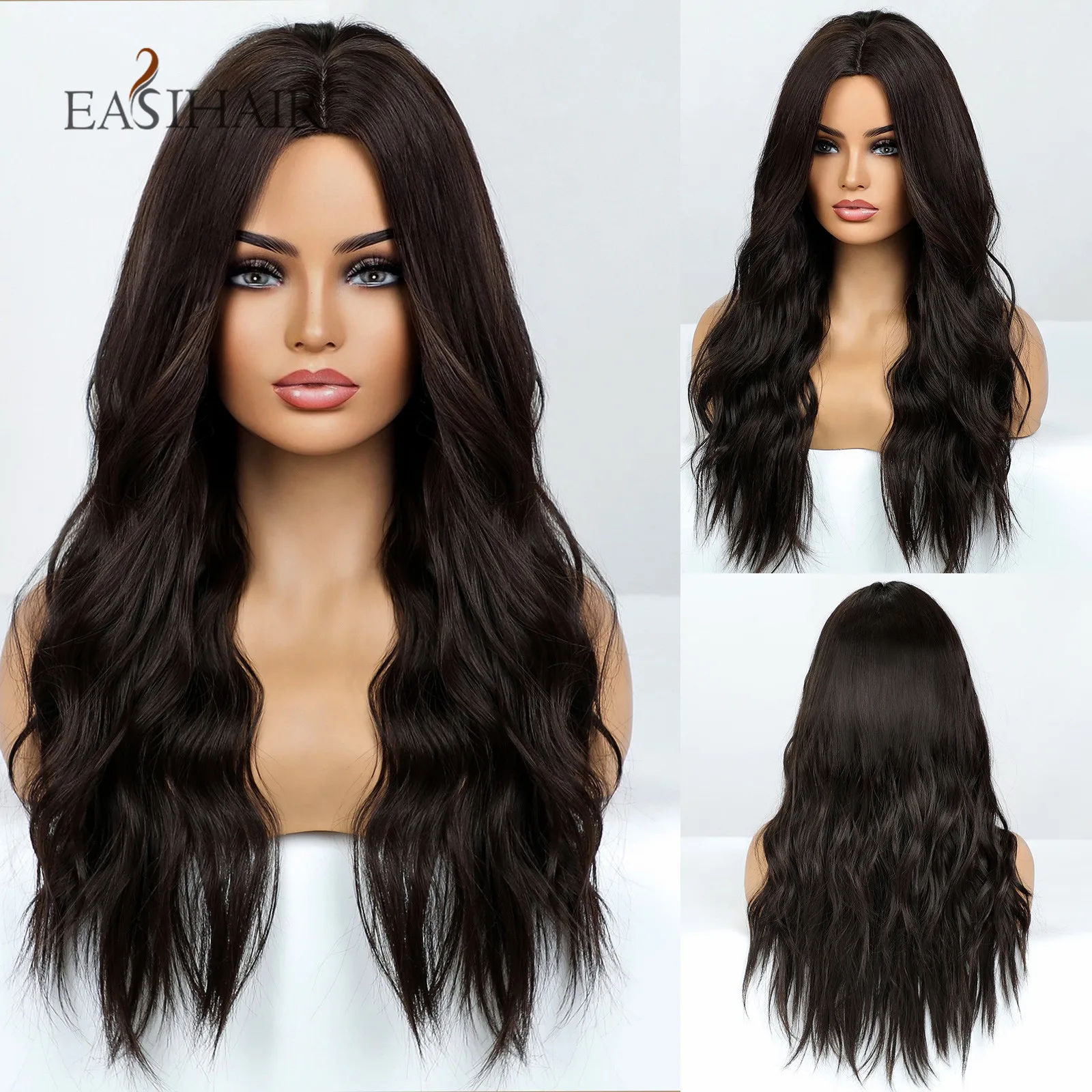 

EASIHAIR Dark Brown Black Long Wavy Synthetic Wigs Middle Part Natural Hairs for Women Daily Cosplay Party Heat Resistant Fiber