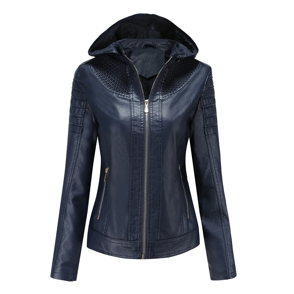 2021 new European and American autumn and winter clothes detachable hooded leather clothes women's Plush warm jacket
